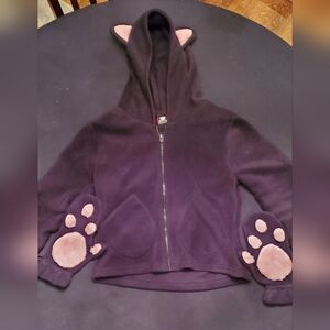 Emily the Strange cat ear hoodie with attached mittens. SMALL